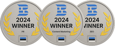 Insignes de récompense Winner 2024 de Collaborator avec des couronnes de laurier dorées pour Content Marketing et SEO.