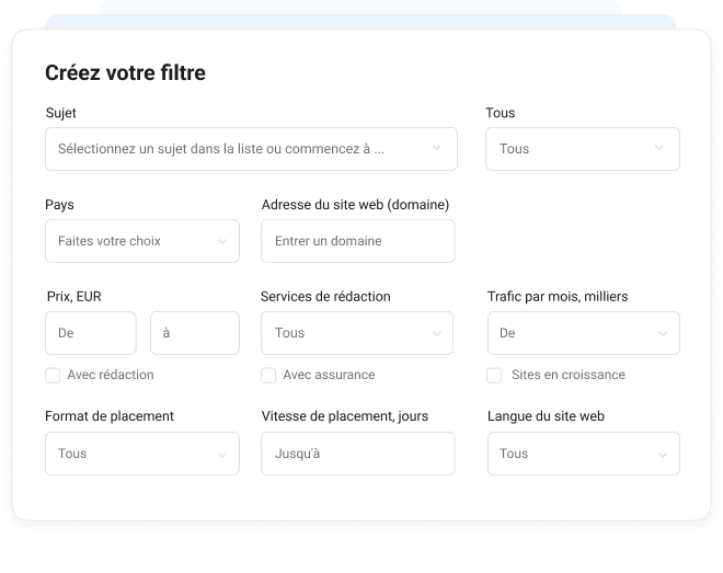 Filtres de recherche avancée dans Collaborator : catégorie, localisation, domaine, prix, trafic, vitesse, langue, etc.