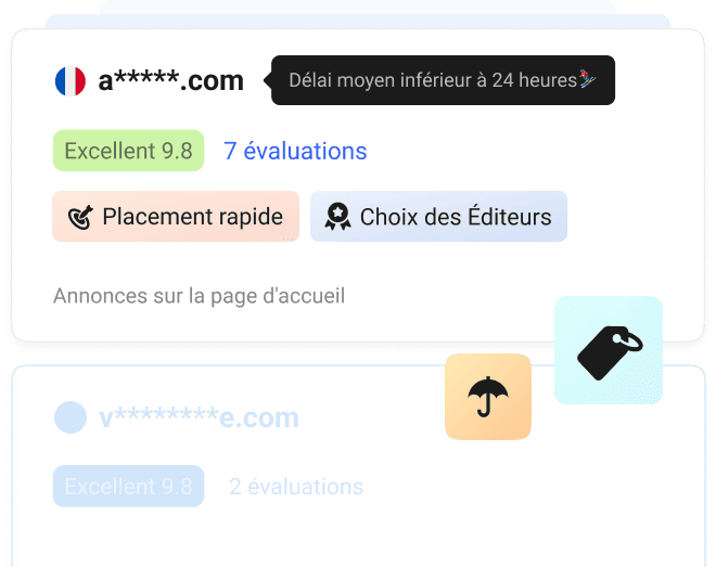 Listes de sites dans Collaborator avec note de 9,8, badges Placement rapide, Choix des éditeurs et annonce sur la page d’accueil