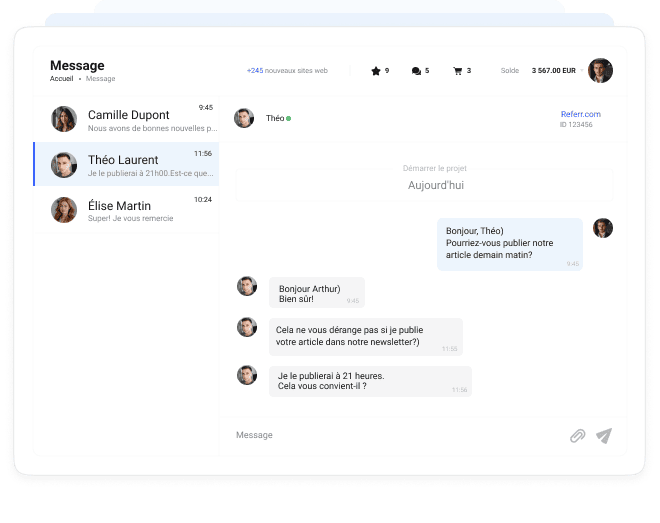 Interface de messagerie de Collaborator avec discussions actives et coordination de projet en cours