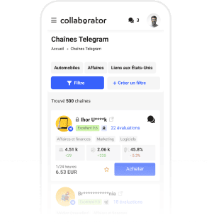 Vue mobile du marché des chaînes Telegram de Collaborator montrant les catégories, filtres de recherche et chaînes mises en avant avec statistiques des abonnés et tarifs.