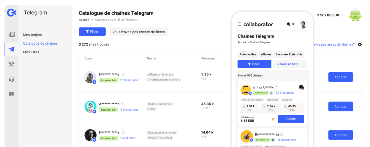 Interface de bureau de Collaborator montrant un catalogue de chaînes Telegram avec filtres, nombre d’abonnés, nombre de publications et une barre latérale avec détails et tarifs des chaînes.