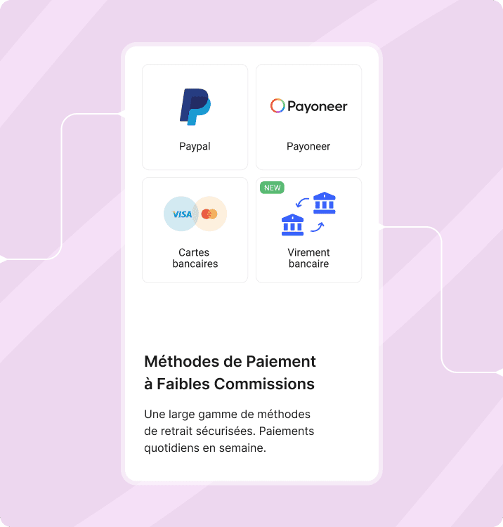 Écran des options de paiement de Collaborator montrant PayPal, Payoneer, cartes bancaires et virements à faibles commissions