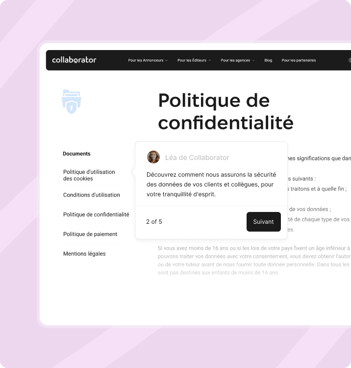 Page de politique de confidentialité de Collaborator avec sections du document et message sur la sécurité des données