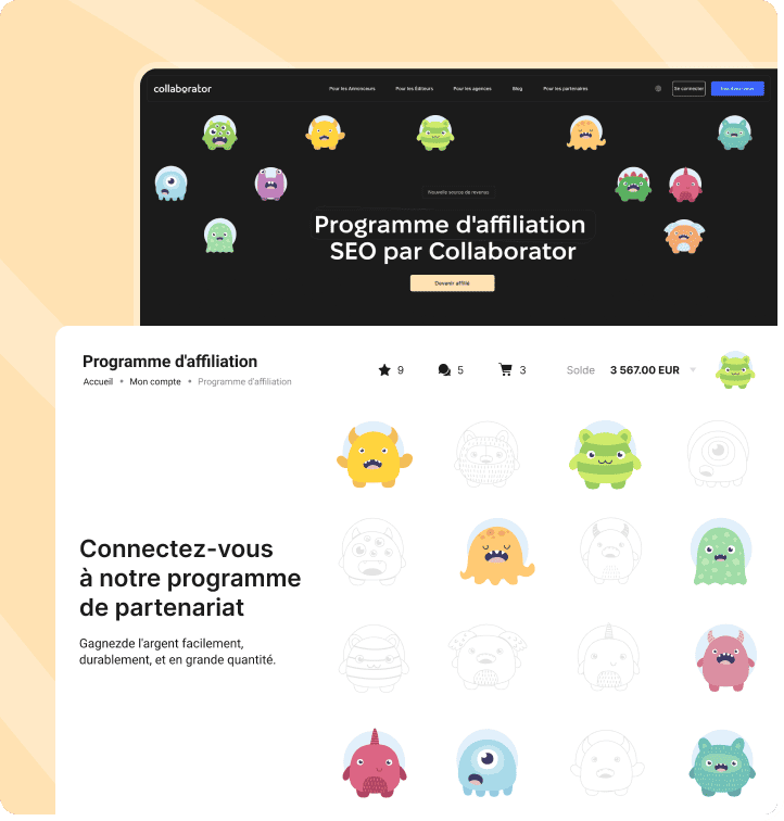 Image mettant en avant le programme d’affiliation SEO de Collaborator avec invitation pour les partenaires et aperçu du solde du compte
