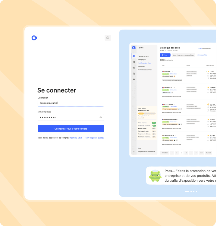 Écran de connexion Collaborator avec champs de formulaire, aperçu du tableau de bord et mascotte verte promouvant la visibilité commerciale