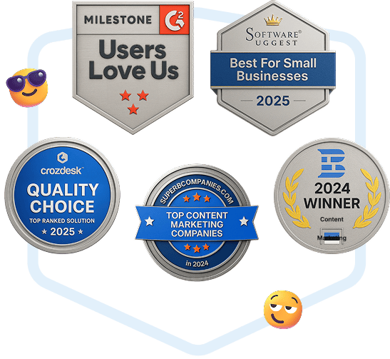 Collection d'insignes de récompenses logicielles Collaborator, incluant G2 Milestone Users Love Us et les distinctions 2024–2025 de Software Suggest, Crozdesk et Top Content Marketing Companies.
