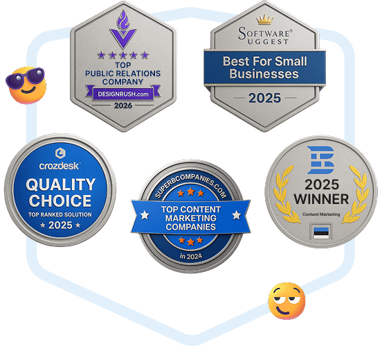 Cinq badges de prix de l'industrie reconnaissant l'excellence dans les RP, le marketing de contenu et les logiciels d'entreprise, affichés dans un cadre hexagonal. Les récompenses comprennent DesignRush, SoftwareSuggest, Crozdesk et SuperbCompanies.