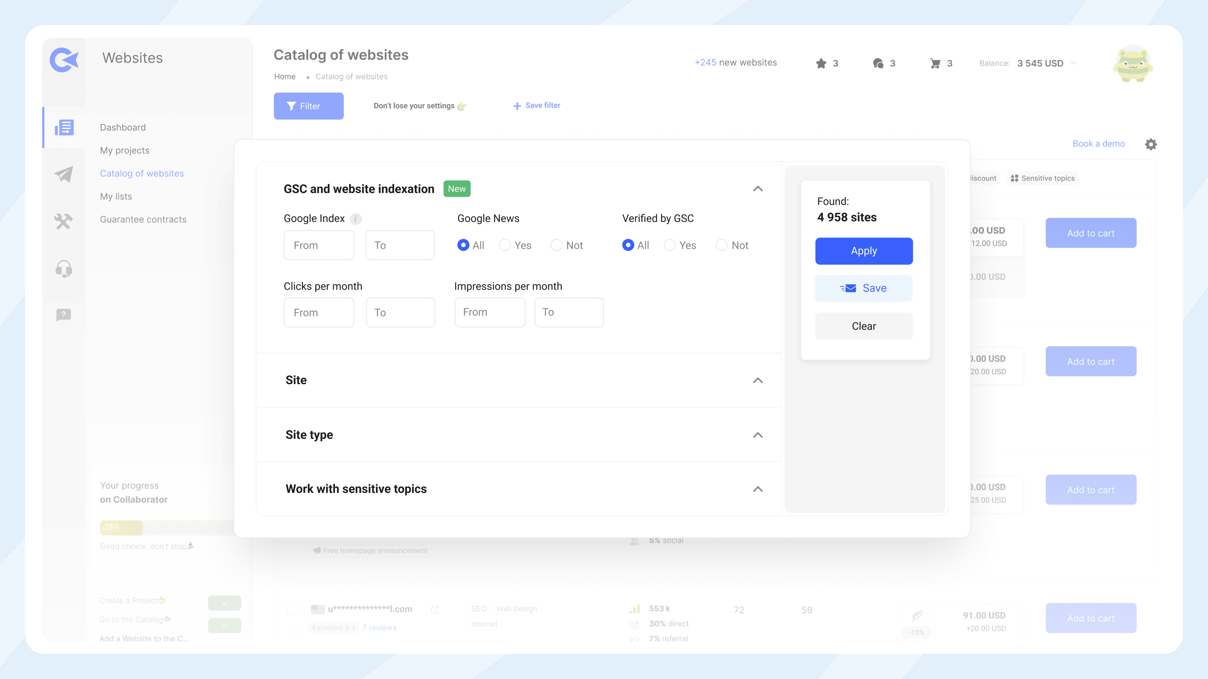 Catalogue de sites web de Collaborator avec options de filtrage avancées pour GSC et indexation, incluant le statut dans Google Index, inclusion dans Google News, vérification GSC, données sur les clics/impressions et sujets sensibles.