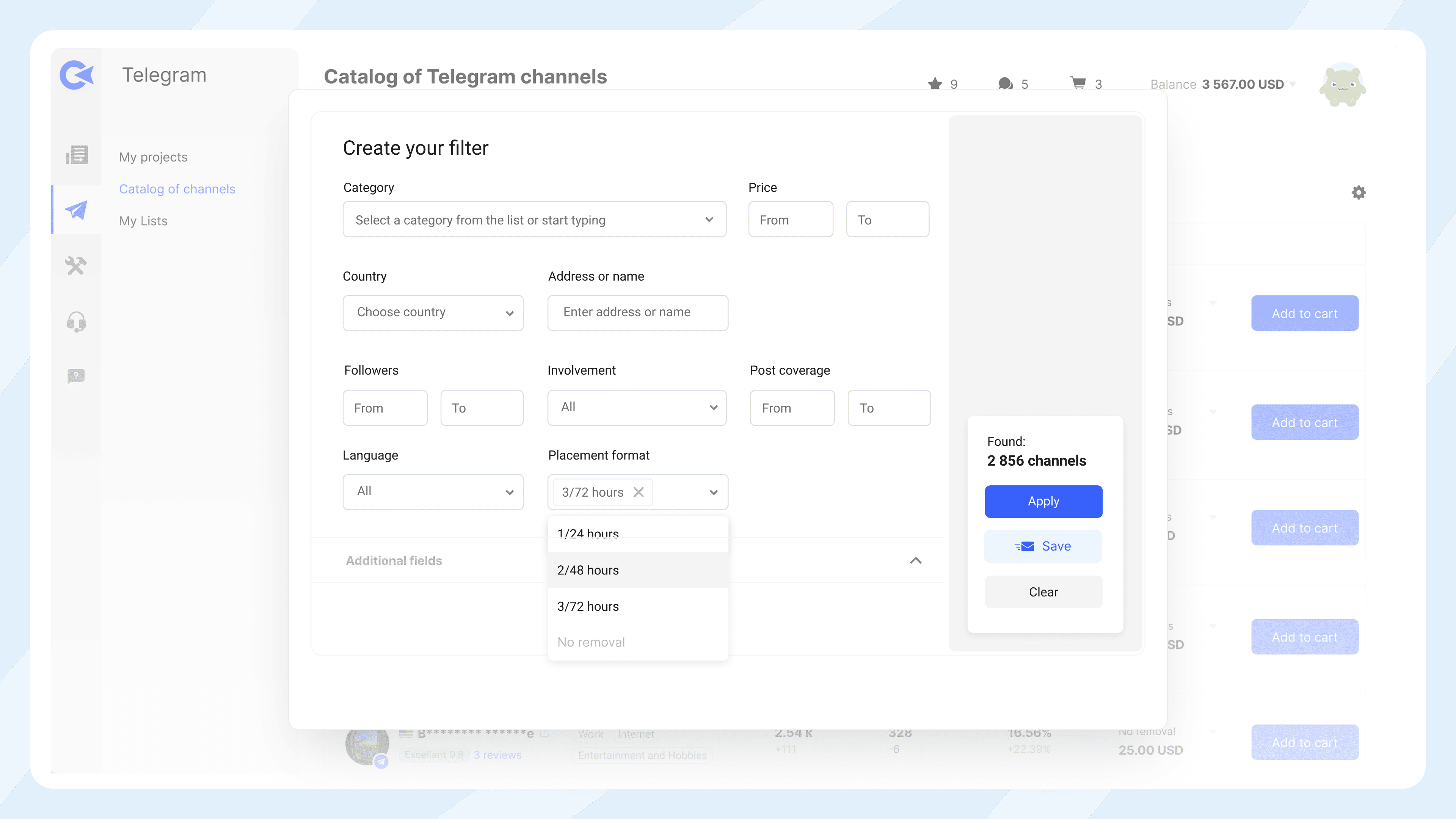 Capture d’écran de l’interface de filtrage des chaînes Telegram de Collaborator avec champs pour catégorie, prix, pays, abonnés et format de publication.