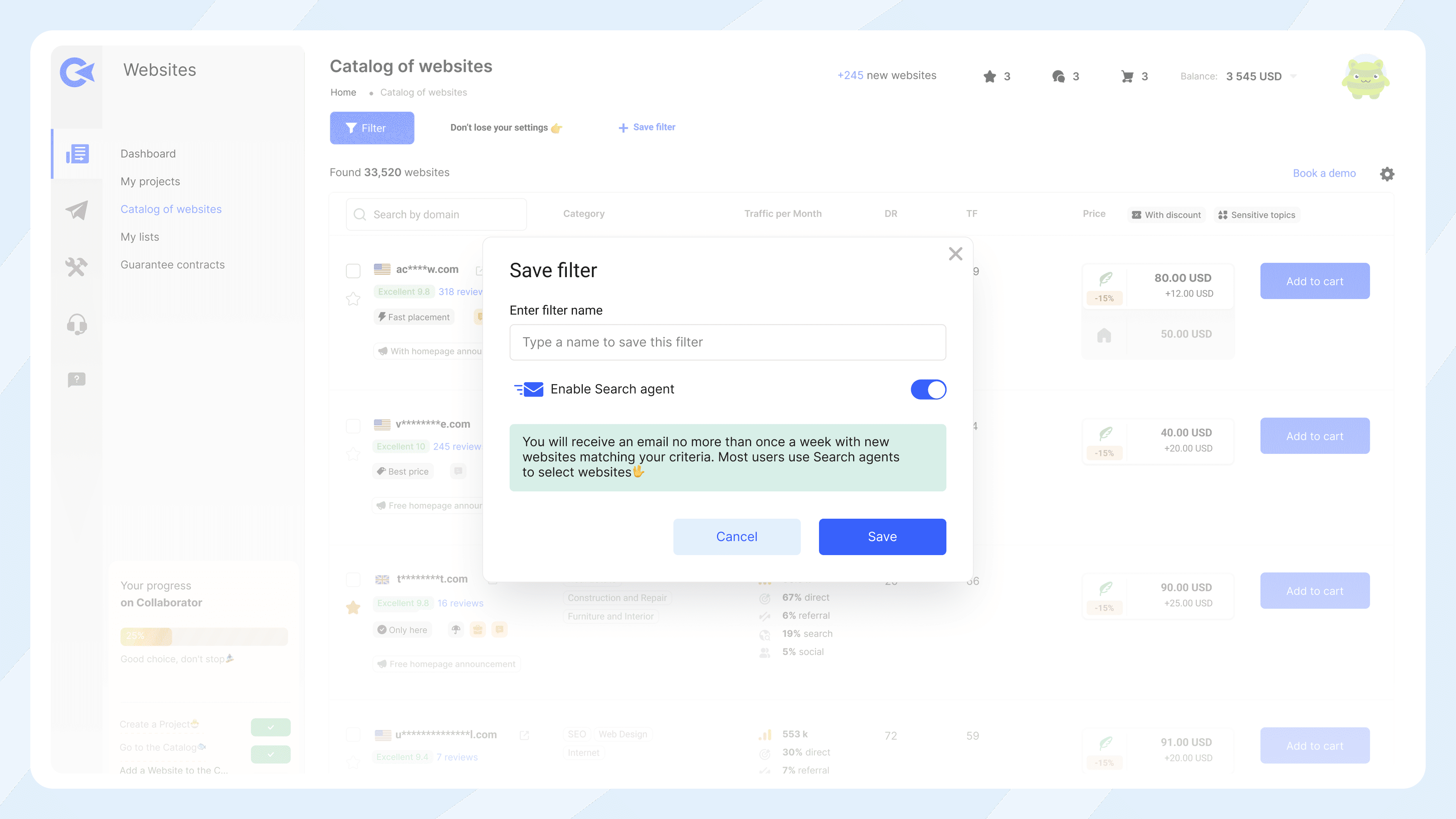 Catalogue de sites web de Collaborator avec la fenêtre modale « Enregistrer le filtre » ouverte, permettant aux utilisateurs de nommer le filtre et d’activer Search Agent pour des mises à jour hebdomadaires par e-mail sur les sites correspondants.