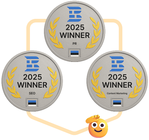 Trois badges de vainqueur 2025 de Collaborator dans les catégories SEO, PR et Content Marketing, avec le drapeau estonien et des couronnes de laurier de TechBehemoths.