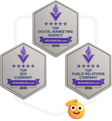 Trois badges DesignRush 2026 reconnaissant l'excellence en marketing numérique, SEO et relations publiques. Les badges soulignent les distinctions d'Agence de marketing numérique de premier plan, société de SEO de premier plan et société de relations publiques de premier plan.
