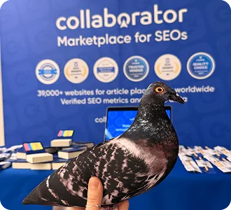 Pigeon mascot resting on Collaborator brochures at the Croatia SEO Summit booth